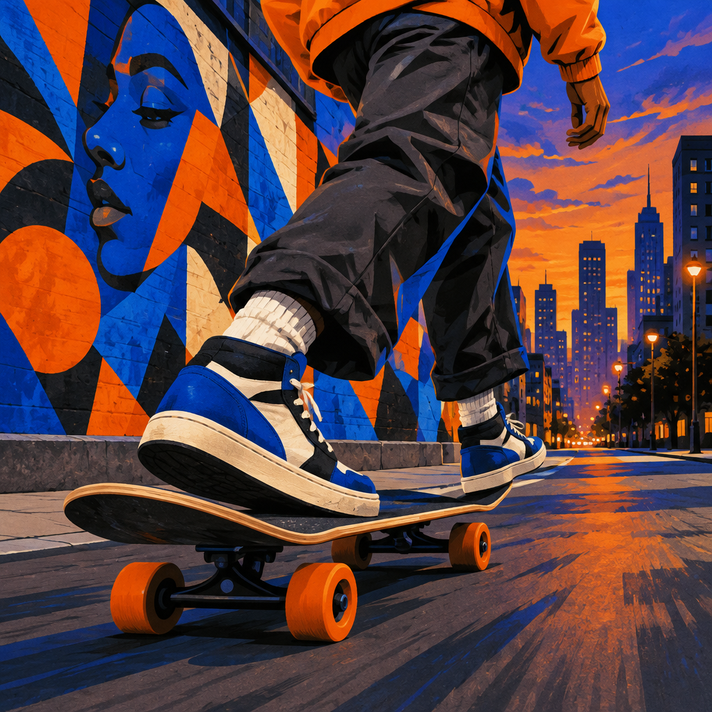 Illustrated skateboard and colorful city mural