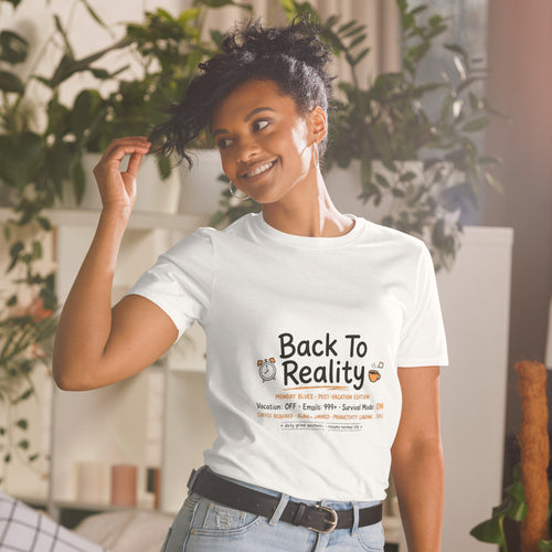 Model wearing a white Back To Reality graphic T-shirt, front view with alarm clock and coffee cup design.”